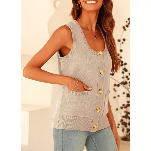 imagePRETTYGARDEN Womens Summer Vests Sleeveless Button Down Knitted Tank Tops Casual Y2K Sweater Vest Blouse with PocketsBeige