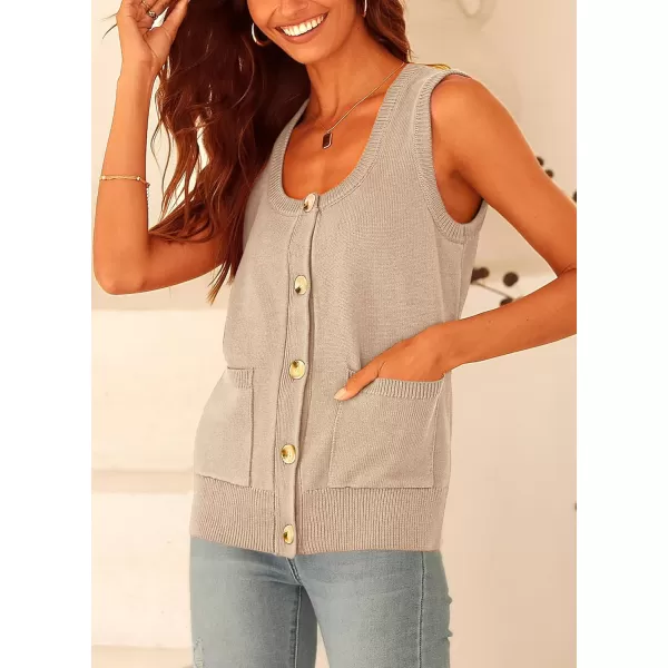 imagePRETTYGARDEN Womens Summer Vests Sleeveless Button Down Knitted Tank Tops Casual Y2K Sweater Vest Blouse with PocketsBeige