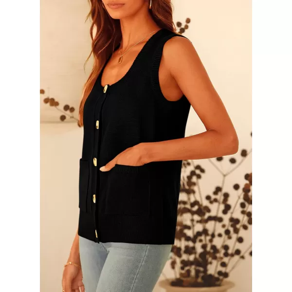 imagePRETTYGARDEN Womens Summer Vests Sleeveless Button Down Knitted Tank Tops Casual Y2K Sweater Vest Blouse with PocketsBlack