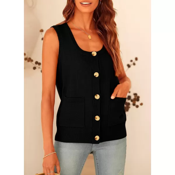 imagePRETTYGARDEN Womens Summer Vests Sleeveless Button Down Knitted Tank Tops Casual Y2K Sweater Vest Blouse with PocketsBlack