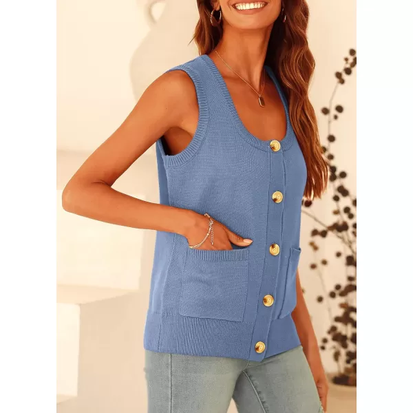 imagePRETTYGARDEN Womens Summer Vests Sleeveless Button Down Knitted Tank Tops Casual Y2K Sweater Vest Blouse with PocketsBlue