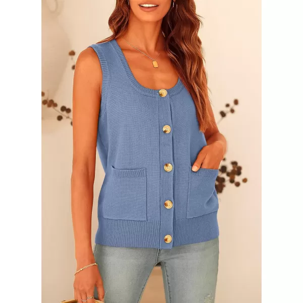 imagePRETTYGARDEN Womens Summer Vests Sleeveless Button Down Knitted Tank Tops Casual Y2K Sweater Vest Blouse with PocketsBlue