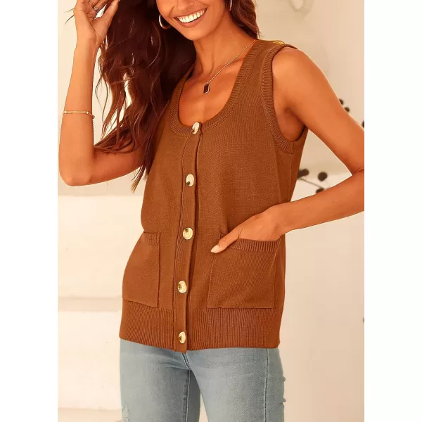 imagePRETTYGARDEN Womens Summer Vests Sleeveless Button Down Knitted Tank Tops Casual Y2K Sweater Vest Blouse with PocketsCaramel