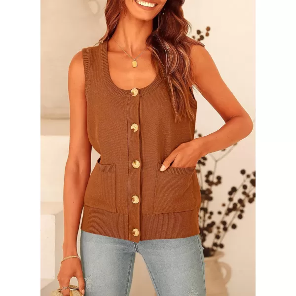 imagePRETTYGARDEN Womens Summer Vests Sleeveless Button Down Knitted Tank Tops Casual Y2K Sweater Vest Blouse with PocketsCaramel