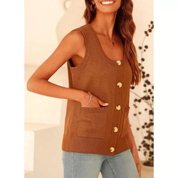 imagePRETTYGARDEN Womens Summer Vests Sleeveless Button Down Knitted Tank Tops Casual Y2K Sweater Vest Blouse with PocketsCaramel