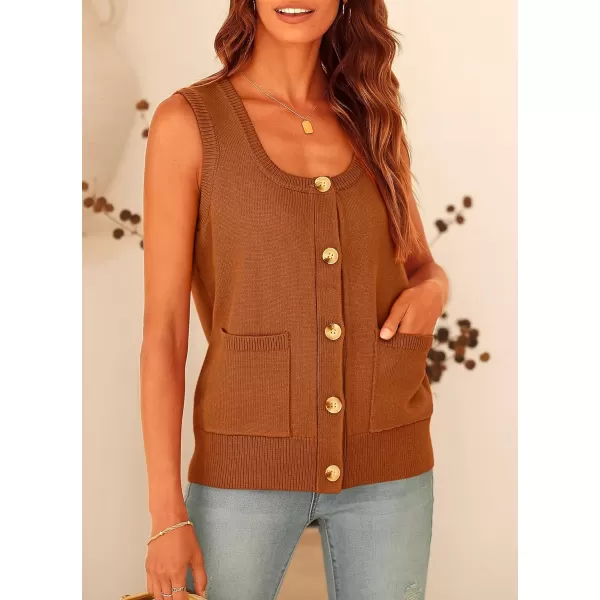 imagePRETTYGARDEN Womens Summer Vests Sleeveless Button Down Knitted Tank Tops Casual Y2K Sweater Vest Blouse with PocketsCaramel