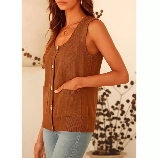imagePRETTYGARDEN Womens Summer Vests Sleeveless Button Down Knitted Tank Tops Casual Y2K Sweater Vest Blouse with PocketsCaramel