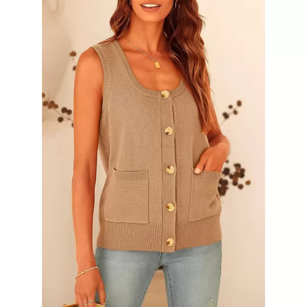 imagePRETTYGARDEN Womens Summer Vests Sleeveless Button Down Knitted Tank Tops Casual Y2K Sweater Vest Blouse with PocketsKhaki