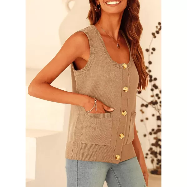 imagePRETTYGARDEN Womens Summer Vests Sleeveless Button Down Knitted Tank Tops Casual Y2K Sweater Vest Blouse with PocketsKhaki