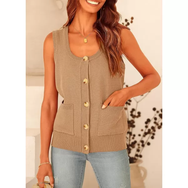 imagePRETTYGARDEN Womens Summer Vests Sleeveless Button Down Knitted Tank Tops Casual Y2K Sweater Vest Blouse with PocketsKhaki