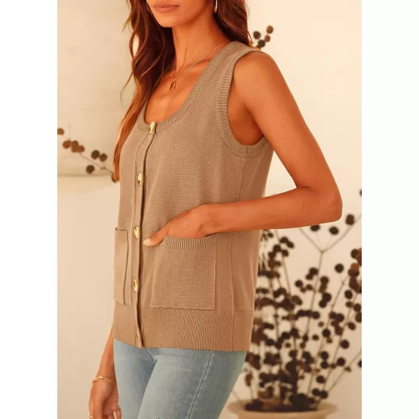 imagePRETTYGARDEN Womens Summer Vests Sleeveless Button Down Knitted Tank Tops Casual Y2K Sweater Vest Blouse with PocketsKhaki