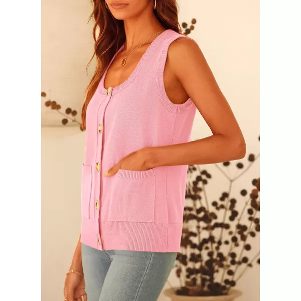 imagePRETTYGARDEN Womens Summer Vests Sleeveless Button Down Knitted Tank Tops Casual Y2K Sweater Vest Blouse with PocketsPink