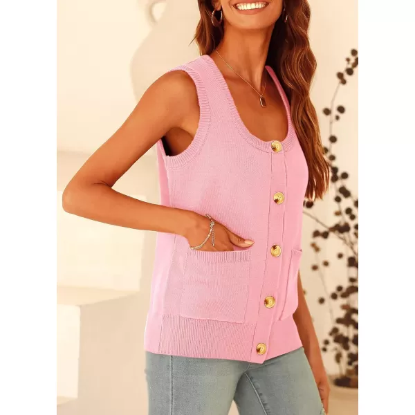 imagePRETTYGARDEN Womens Summer Vests Sleeveless Button Down Knitted Tank Tops Casual Y2K Sweater Vest Blouse with PocketsPink