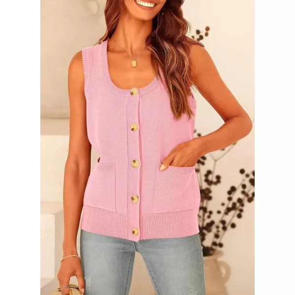 imagePRETTYGARDEN Womens Summer Vests Sleeveless Button Down Knitted Tank Tops Casual Y2K Sweater Vest Blouse with PocketsPink