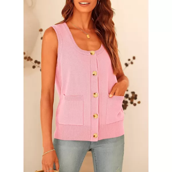 imagePRETTYGARDEN Womens Summer Vests Sleeveless Button Down Knitted Tank Tops Casual Y2K Sweater Vest Blouse with PocketsPink