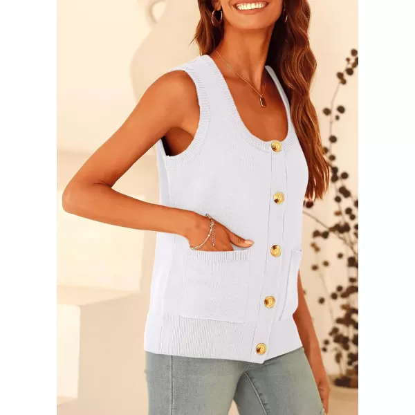 imagePRETTYGARDEN Womens Summer Vests Sleeveless Button Down Knitted Tank Tops Casual Y2K Sweater Vest Blouse with PocketsWhite