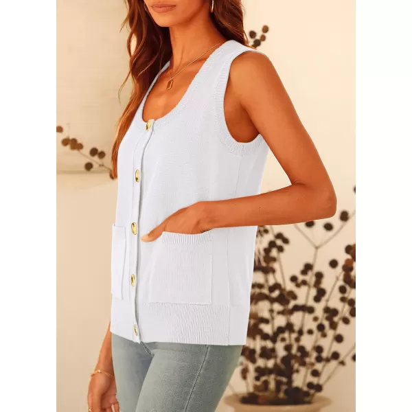 imagePRETTYGARDEN Womens Summer Vests Sleeveless Button Down Knitted Tank Tops Casual Y2K Sweater Vest Blouse with PocketsWhite