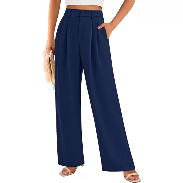 imagePRETTYGARDEN Womens Summer Work Pants Elastic High Waisted Straight Leg Business Casual Dressy Trousers Slacks with PocketsNavy