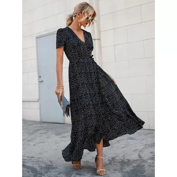 imagePRETTYGARDEN Womens Summer Wrap Maxi Dress Casual Boho Floral V Neck Short Sleeve Ruffle Hem Split Beach Long DressesBlack
