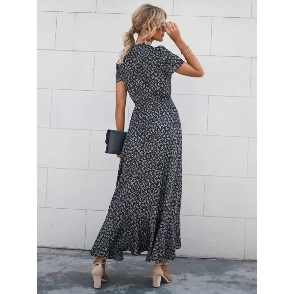 imagePRETTYGARDEN Womens Summer Wrap Maxi Dress Casual Boho Floral V Neck Short Sleeve Ruffle Hem Split Beach Long DressesBlack Purple Floral