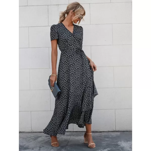 imagePRETTYGARDEN Womens Summer Wrap Maxi Dress Casual Boho Floral V Neck Short Sleeve Ruffle Hem Split Beach Long DressesBlack Purple Floral