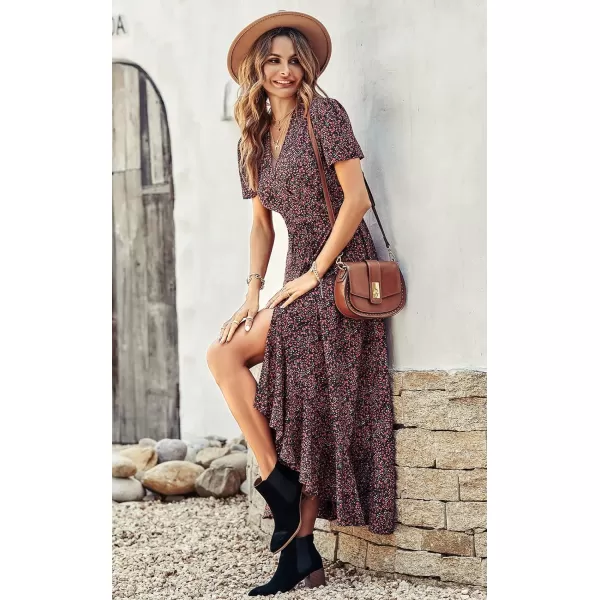 imagePRETTYGARDEN Womens Summer Wrap Maxi Dress Casual Boho Floral V Neck Short Sleeve Ruffle Hem Split Beach Long DressesBlack Red Floral