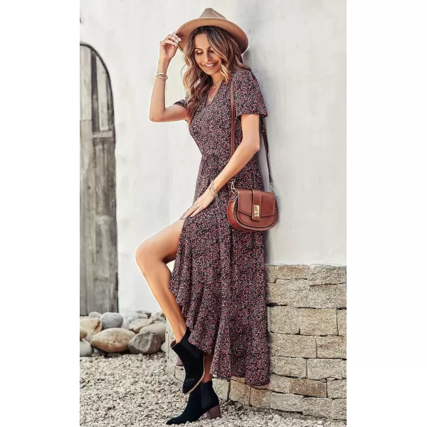 imagePRETTYGARDEN Womens Summer Wrap Maxi Dress Casual Boho Floral V Neck Short Sleeve Ruffle Hem Split Beach Long DressesBlack Red Floral