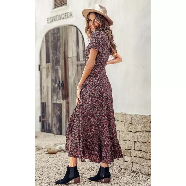 imagePRETTYGARDEN Womens Summer Wrap Maxi Dress Casual Boho Floral V Neck Short Sleeve Ruffle Hem Split Beach Long DressesBlack Red Floral