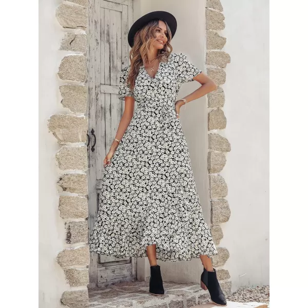 imagePRETTYGARDEN Womens Summer Wrap Maxi Dress Casual Boho Floral V Neck Short Sleeve Ruffle Hem Split Beach Long DressesBlack White Floral