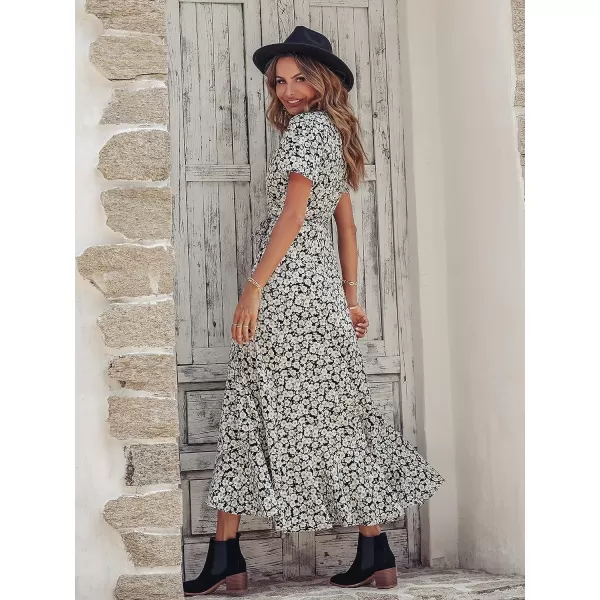 imagePRETTYGARDEN Womens Summer Wrap Maxi Dress Casual Boho Floral V Neck Short Sleeve Ruffle Hem Split Beach Long DressesBlack White Floral