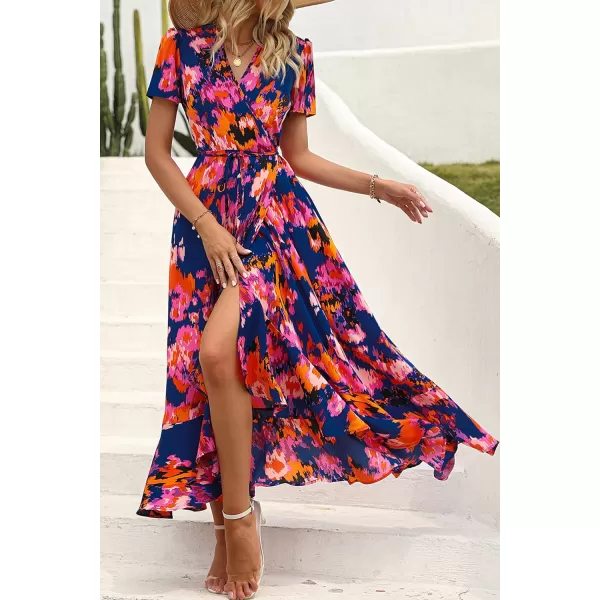 imagePRETTYGARDEN Womens Summer Wrap Maxi Dress Casual Boho Floral V Neck Short Sleeve Ruffle Hem Split Beach Long DressesBlue Orange Floral