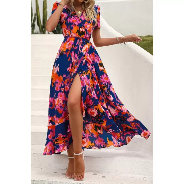 imagePRETTYGARDEN Womens Summer Wrap Maxi Dress Casual Boho Floral V Neck Short Sleeve Ruffle Hem Split Beach Long DressesBlue Orange Floral