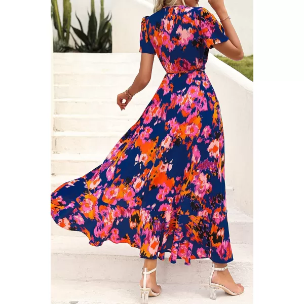 imagePRETTYGARDEN Womens Summer Wrap Maxi Dress Casual Boho Floral V Neck Short Sleeve Ruffle Hem Split Beach Long DressesBlue Orange Floral