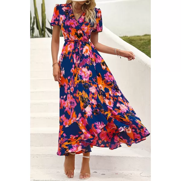 imagePRETTYGARDEN Womens Summer Wrap Maxi Dress Casual Boho Floral V Neck Short Sleeve Ruffle Hem Split Beach Long DressesBlue Orange Floral