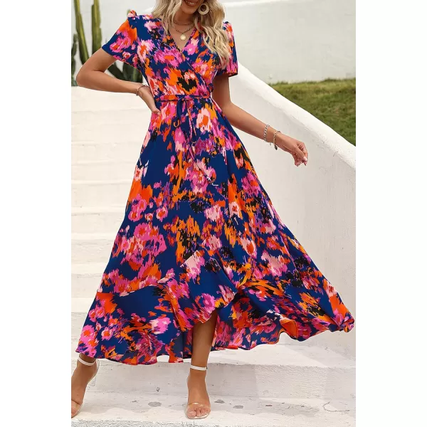 imagePRETTYGARDEN Womens Summer Wrap Maxi Dress Casual Boho Floral V Neck Short Sleeve Ruffle Hem Split Beach Long DressesBlue Orange Floral