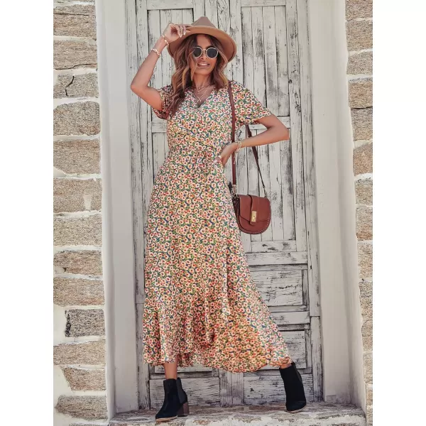 imagePRETTYGARDEN Womens Summer Wrap Maxi Dress Casual Boho Floral V Neck Short Sleeve Ruffle Hem Split Beach Long DressesBlue Pink Floral