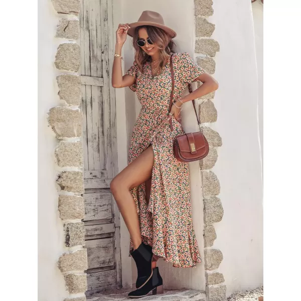 imagePRETTYGARDEN Womens Summer Wrap Maxi Dress Casual Boho Floral V Neck Short Sleeve Ruffle Hem Split Beach Long DressesBlue Pink Floral