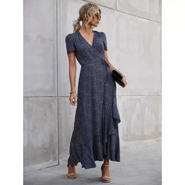 imagePRETTYGARDEN Womens Summer Wrap Maxi Dress Casual Boho Floral V Neck Short Sleeve Ruffle Hem Split Beach Long DressesBlueWhite