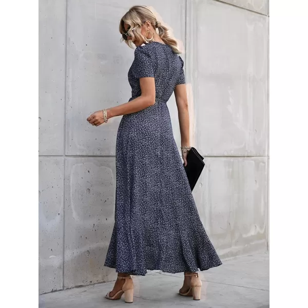 imagePRETTYGARDEN Womens Summer Wrap Maxi Dress Casual Boho Floral V Neck Short Sleeve Ruffle Hem Split Beach Long DressesBlueWhite