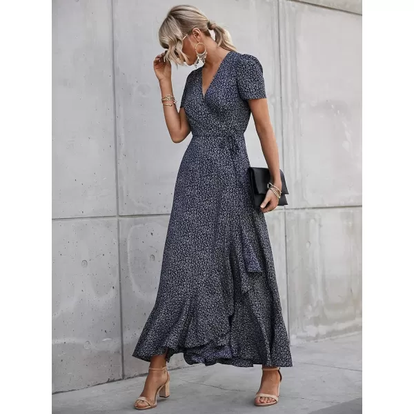 imagePRETTYGARDEN Womens Summer Wrap Maxi Dress Casual Boho Floral V Neck Short Sleeve Ruffle Hem Split Beach Long DressesBlueWhite