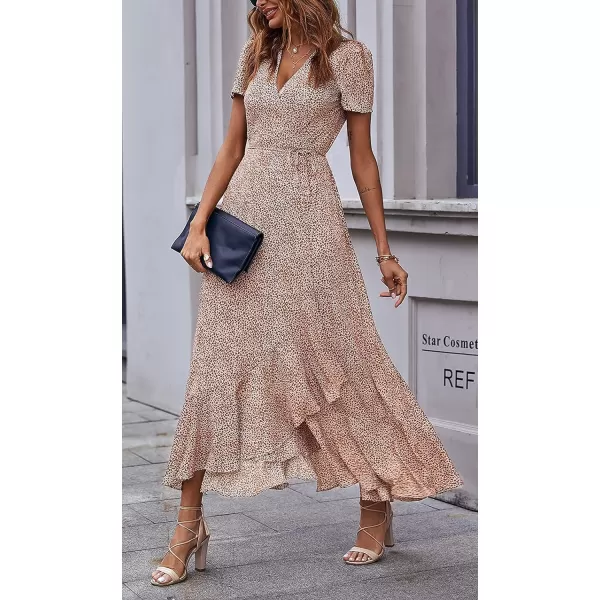 imagePRETTYGARDEN Womens Summer Wrap Maxi Dress Casual Boho Floral V Neck Short Sleeve Ruffle Hem Split Beach Long DressesBrown