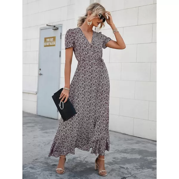imagePRETTYGARDEN Womens Summer Wrap Maxi Dress Casual Boho Floral V Neck Short Sleeve Ruffle Hem Split Beach Long DressesCoffee