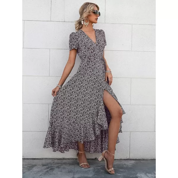 imagePRETTYGARDEN Womens Summer Wrap Maxi Dress Casual Boho Floral V Neck Short Sleeve Ruffle Hem Split Beach Long DressesCoffee