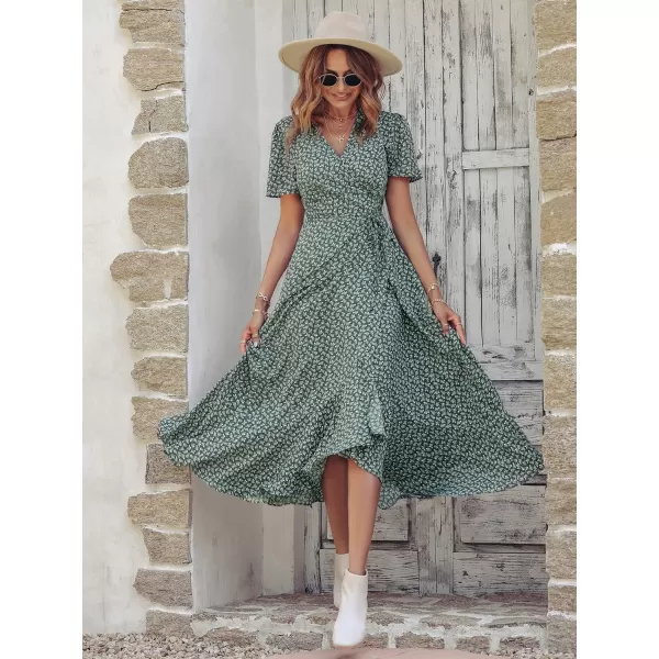 imagePRETTYGARDEN Womens Summer Wrap Maxi Dress Casual Boho Floral V Neck Short Sleeve Ruffle Hem Split Beach Long DressesDark Green Floral