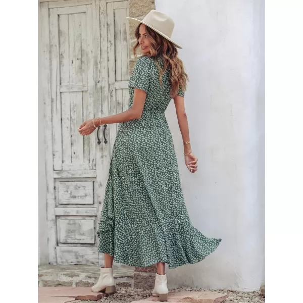 imagePRETTYGARDEN Womens Summer Wrap Maxi Dress Casual Boho Floral V Neck Short Sleeve Ruffle Hem Split Beach Long DressesDark Green Floral