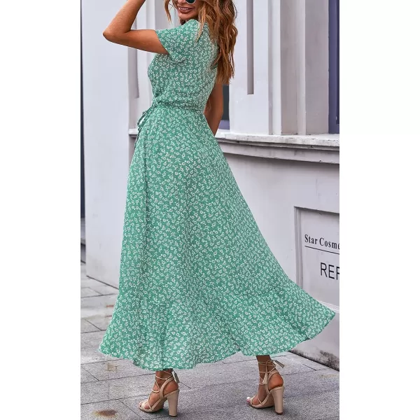 imagePRETTYGARDEN Womens Summer Wrap Maxi Dress Casual Boho Floral V Neck Short Sleeve Ruffle Hem Split Beach Long DressesGreen