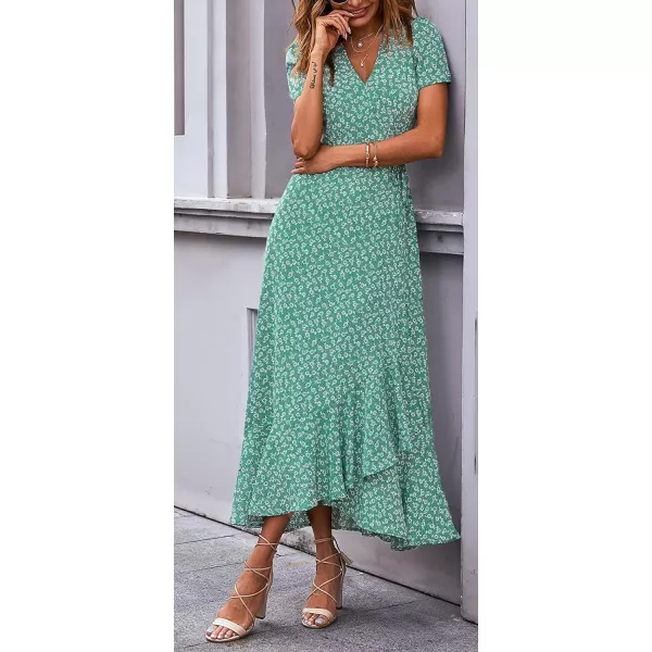 imagePRETTYGARDEN Womens Summer Wrap Maxi Dress Casual Boho Floral V Neck Short Sleeve Ruffle Hem Split Beach Long DressesGreen