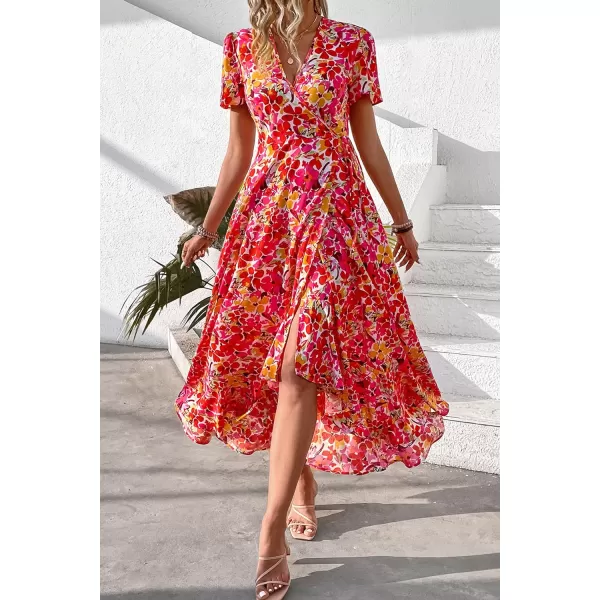 imagePRETTYGARDEN Womens Summer Wrap Maxi Dress Casual Boho Floral V Neck Short Sleeve Ruffle Hem Split Beach Long DressesPink Yellow Floral