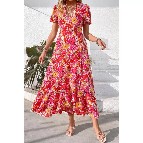 imagePRETTYGARDEN Womens Summer Wrap Maxi Dress Casual Boho Floral V Neck Short Sleeve Ruffle Hem Split Beach Long DressesPink Yellow Floral