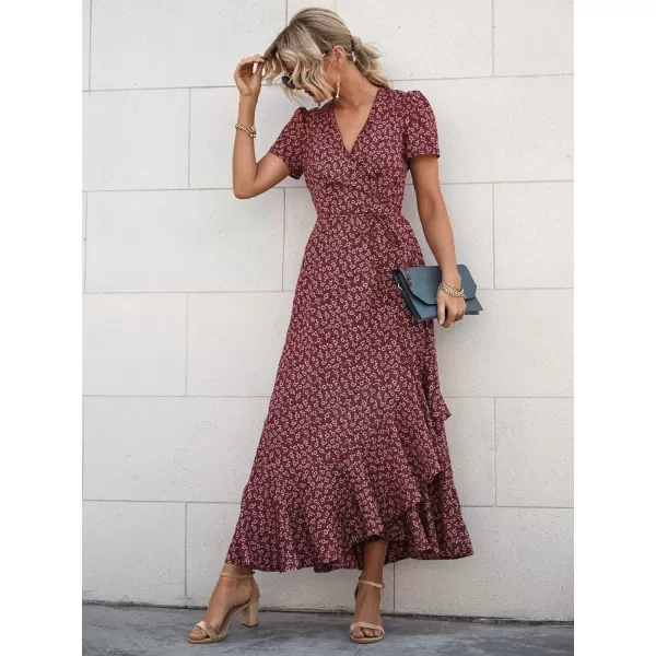 imagePRETTYGARDEN Womens Summer Wrap Maxi Dress Casual Boho Floral V Neck Short Sleeve Ruffle Hem Split Beach Long DressesRed